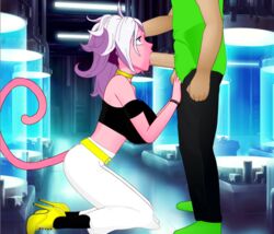 1boy 1girls 2010s :>= android_21 balls belt big_breasts blue_eyes boots breasts clothed collar dragon_ball dragon_ball_fighterz erection fellatio female forced hand_on_head high_heel_boots high_heels humanoid light_persona long_hair majin majin_android_21 male oral penis pink_skin pointy_ears rape roro73290 super_deepthroat_game tail white_hair