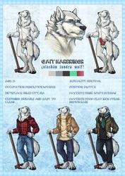 alaskan_tundra_wolf animal_genitalia animal_penis anthro canine canine_penis clothing color_swatch english_text fur gait_harbringr green_eyes grey_fur jacket jeans kevintheradioguy male mammal model_sheet nude pants penis standing text