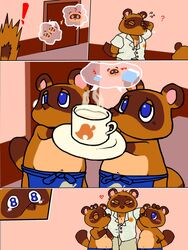 2020 3:4 animal_crossing anthro apron beverage blue_eyes brown_body brown_fur canid canine chibi closed_eyes coffee cum_on_head fur furry group highres humanoid_hands male_only mammal nintendo olkl1234 raccoon_dog slightly_chubby tanuki timmy_nook tom_nook tommy_nook