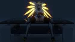 3d blender blonde_hair mechanical_halo mercy overwatch pussy silsil simple_background spread_pussy