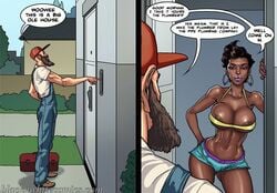 1girls athletic athletic_female big_breasts bimbo blacknwhitecomics comic dark-skinned_female dark_skin female huge_breasts human human_only interracial light-skinned_male light_skin male plumber short_hair skimpy straight_hair ugly_man voluptuous voluptuous_female yair