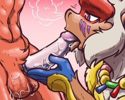 2boys abs alternate_color anthro avian baraaya big_penis blaziken blush brown_fur close-up condom fellatio furry gay half-closed_eyes hand_on_penis heart heart-shaped_pupils heavy_breathing holding huff infernape interspecies isuku licking male male_only monkey muscular muscular_male necklace nintendo nude oral original_character penis penis_awe penis_lick pokemon pokemon_(species) pokemon_dppt pokemon_rse purple_eyes red_skin saliva tongue tongue_out video_games wearing_condom white_fur yaoi zenmigawa