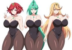 2026 3girls abyss162 bare_arms big_breasts big_thighs blue_eyes blue_hair breasts bunnysuit color colored curvy curvy_figure digital_media_(artwork) female female_only hair hi_res legs legwear leotard light-skinned_female light_skin long_hair mythra pneuma_(xenoblade) pyra red_eyes red_hair short_hair simple_background thick_thighs thighs v v_sign white_background xenoblade_(series) xenoblade_chronicles_2 yellow_eyes yellow_hair