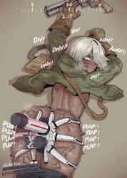 1girls absurdres anal anal_object_insertion arc_raiders blush brown_gloves clothes_pull commentary_request dark-skinned_female dark_skin double_penetration ebonyxh eylin_eyla_(ebonyxh) female forced_orgasm gloves green_jacket gun heads-up_display highres jacket object_insertion original pants pants_pull sex_machine sleeves_rolled_up solo tick_(arc_raiders) user_interface vaginal_object_insertion vaginal_penetration weapon white_hair