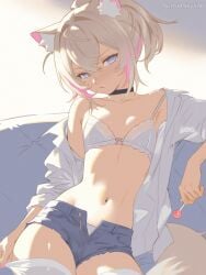 1girl bra choker dog_ears dog_girl female hololive hololive_english jean_shorts mococo_abyssgard navel open_zipper petite pouting skinny_female small_breasts streaked_hair sunset_skyline sunsetskyline tummy virtual_youtuber vtuber