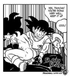 4boys anal anal_sex ass ball_grab balls bara black_and_white dialogue dragon_ball dragon_ball_z english_text galaxycoop gay humansub male male_only master_roshi multiple_boys raw_sex son_goku super-size yamcha yaoi