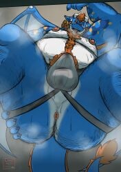 2026 anthro anus armpit_hair barbel_(anatomy) beard belly belly_hair big_nipples blue_body bodily_fluids body_hair brown_hair bulge chest_hair close-up clothing crotch_shot danyredlion dirty dirty_clothing dragon facial_hair gesture gold_ear_ring hair hairy_legs hand_gesture hi_res horn jockstrap looking_at_viewer looking_down looking_down_at_viewer low-angle_view male markings musk musk_cloud mythological_creature mythological_scalie mythology nipple_piercing nipples orange_eyes overweight overweight_male pecs perineum piercing pointing pointing_down scalie solo standing sweat tail underwear white_belly wings yong_(yongaero)