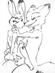 black_and_white breasts canine disney duo featureless_breasts female flat_chest fox judy_hopps knot lagomorph line_art male mammal monochrome naughty_face nick_wilde nontoxo open_mouth pen_(artwork) penetration penis pussy rabbit rough_sketch simple_background sketch straight traditional_media_(artwork) vaginal_penetration white_background zootopia