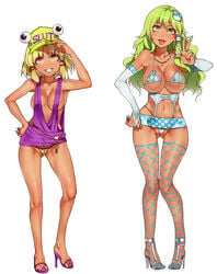 2girls animal_print aqua_nails baseball_cap between_labia bikini_top blonde_hair blush breasts bridal_gauntlets cameltoe cleavage dark_skin dress elbow_gloves feet fishnet_legwear fishnets full_body gloves green_eyes green_hair gyaru hair_ornament hat high_heels highleg highleg_panties innie_pussy jewelry large_breasts leopard_print long_hair microskirt mizuryuu_kei multiple_girls nail_polish open_toe_shoes panties purple_nails revealing_clothes ring sanae_kochiya short_dress short_hair skirt slut_cap suwako_moriya thighhighs thong toenail_polish toes tongue tongue_out touhou underwear v yellow_eyes