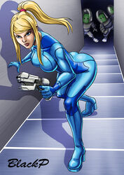 ass blackprof blonde_hair blue_eyes bodysuit bondage breasts captured captured_heroine female gun imminent_bondage kidnapped kidnapping large_breasts metroid nintendo ponytail samus_aran serious sidelocks story_at_source weapon zero_suit_samus