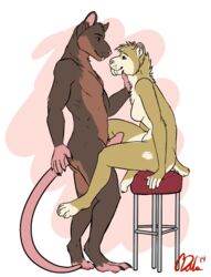 breasts brown_fur buckteeth caress casey_(artist) face_to_face featureless_breasts feline female fur humanoid_penis looking_at_partner male mammal nude penis rat red_eyes rodent romantic saber-toothed_cat sitting smile standing stool straight teeth