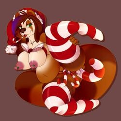 anal anal_sex anthro areola candy candy_cane candy_cane_in_mouth candy_cane_insertion christmas clothing coillte female food green_eyes hat hi_res holidays kiku_(white_knight19) legwear mammal nipple_piercing nipples penetration piercing puffy_nipples pussy red_pandaren ribbons santa_hat solo stockings striped_legwear striped_stockings stripes vaginal_penetration winter_veil