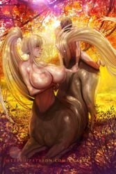 1boy 1girls animal_humanoid big_breasts blonde_hair blue_eyes breasts centaur centorea_shianus equine equine_humanoid equine_taur female hair human humanoid krabby_(artist) leaf male mammal monster_girl monster_musume monster_musume_no_iru_nichijou nipples nude sex straight sweat taur tree