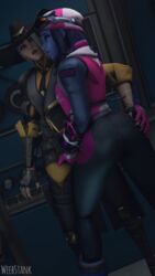 2girls 3d alternate_costume ashe_(overwatch) ass biathlon_widowmaker blonde_hair crotch_grab female female_only fully_clothed hand_on_ass overwatch purple_hair purple_skin weebstank widowmaker yuri