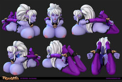 1girls 3d big_breasts breasts different_angle earrings elf elf_ears elf_female female high_heels large_breasts lying lying_on_stomach manacles manaworld nipples on_stomach open_mouth pointy_ears ponytail purple_eyes purple_skin solo syx texelion white_hair