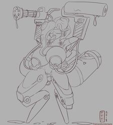 2018 big_breasts breasts dated eyewear female female_only gun kurvylass lactation large_breasts long_hair milking milking_machine minigun monochrome nude octoling open_mouth solo splatoon standing sunglasses tongue uncensored