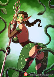 1girls anal ass breasts brown_hair clothing consensual_tentacles double_penetration elf female female_only from_behind glowing_eyes green_eyes green_tentacles hair kinkymation leaf long_hair magic_the_gathering nissa_revane open_mouth penetration pointy_ears pussy sex solo spread_legs tentacle tentacle_sex torn_clothes vaginal_penetration vines