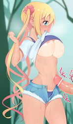 blend_s blonde_hair blue_eyes blush breasts censored clothing cutoffs denim denim_shorts eyebrows_visible_through_hair female hair_between_eyes hinata_kaho kippuru large_breasts long_hair navel nipples penis shirt shorts twintails very_long_hair