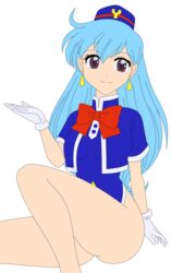 2018 absurdres anus ass bangs blue_footwear blue_hair bottomless bow breasts dress earrings female gloves hand_up hat highres hips human jewelry legs legs_crossed long_hair looking_to_the_side medium_breasts miniskirt no_panties open_mouth photoshop purple_eyes red_bow shoes short_dress short_sleeves simple_background sitting skirt smile solo stewardess tenjouin_katsura thighs vagina vector_trace white_background white_gloves yat_anshin_uchuu_ryokou