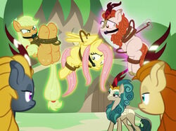 2018 angry anthro applejack_(mlp) autumn_blaze_(mlp) ball_gag bondage bound domination equine female female_domination femdom femsub fluttershy_(mlp) friendship_is_magic gag gagged group hands_behind_back horse kirin levitation magic mammal multiple_subs my_little_pony pegasus pony queen_rain_shine_(mlp) radiantrealm rope rope_bondage straight_hair telekinesis tied tied_up wings