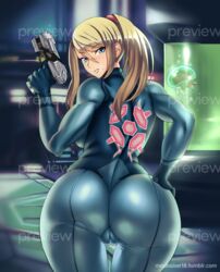 1girls ass ass_focus beauty_mark blonde_hair blue_eyes bodysuit cameltoe curvy favorite female female_only gun huge_ass huge_breasts looking_back madkaiser metroid mole muscular_female naughty_face nintendo ponytail samus_aran seductive shiny solo standing thick_thighs tight_clothing weapon zero_suit zero_suit_samus