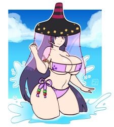 ass_visible_through_thighs beach closed_eyes contrapposto curvy eyepatch_bikini fate/grand_order fate_(series) gigantic_ass gigantic_breasts huge_breasts kujikawaii minamoto_no_raikou_(fate) minamoto_no_raikou_(fate/grand_order) ocean partially_submerged smile splashing splashing_water thick_thighs wide_hips