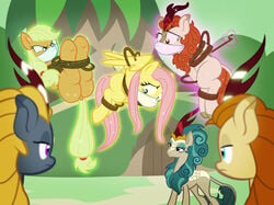 2018 angry anthro applejack_(mlp) autumn_blaze_(mlp) bondage bound cloth cloth_gag domination equine female female_domination femdom femsub fluttershy_(mlp) friendship_is_magic gag gagged group hands_behind_back horse kirin levitation magic mammal multiple_subs my_little_pony over_the_nose_gag pegasus pony queen_rain_shine_(mlp) radiantrealm rope rope_bondage straight_hair telekinesis tied tied_up wings