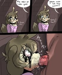 2018 anthro anthro_on_anthro balls canine choker clothed clothing cum cum_in_mouth cum_out_nose deepthroat duo erection eye_contact eyelashes eyeshadow fellatio femboy first_deepthroat gag gagging green_eyes hair innocent instant_loss_2koma makeup male mammal mascara open_eyes open_mouth oral oral_sex penis percey percey_(character) questionable_consent runny_makeup saliva saliva_trail sex side_view sloppy surprised tears throat_bulge tight_throat wide_eyed yaoi