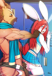 anal anal_sex anthro anthro_on_anthro anus ass backsack balls big_ears blush bottomwear bulge cheerleader clothing cum cum_in_ass cum_inside cum_while_penetrated duo equid equine femboy fur girly hair hi_res huggles jockstrap lagomorph locker locker_room long_ears long_hair male male_penetrated male_penetrating mammal muscular muscular_male penetration penis perineum pink_nose red_hair short_tail skibby skirt standing standing_sex towel trap underwear white_fur yaoi