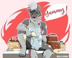 2018 anthro apron baking balls bulge cake canine cardex_wolfox clothing erection food fur icing licking looking_at_viewer male male_only mammal muscular nelldemon paws simple_background sitting slightly_chubby smile solo tongue tongue_out wolf