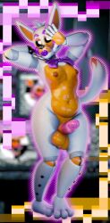 3d_(artwork) absurd_res animatronic anthro balls big_balls big_penis blush blush_stickers bow_ribbon canid canine digital_media_(artwork) erection five_nights_at_freddy's five_nights_at_freddy's_world fox genitals hi_res humanoid_genitalia humanoid_penis jordevoir_(artist) lipstick lolbit_(fnaf) lolbit_(male) machine makeup male mammal nude penis purple_lipstick robot scottgames solo standing tail thick_thighs wide_hips