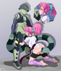 1girls abs anal breasts cum_in_mouth eyes_closed fellatio female hairband hand_on_head human hunter_x_hunter interspecies leg_warmers long_hair machi_komacine meruem on_knees oral pale-skinned_female pale_skin pants_down phantom_troupe pink_hair ponytail queen-zelda saliva shounen_jump stretched_anus tail villainess