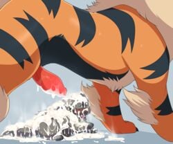 1boy 2018 absurd_res after_sex ambiguous_gender animal_genitalia animal_penis arcanine ass big_feet black_fur blush canine canine_penis cum cum_covered cum_glaze cum_on_ass cum_on_back cum_on_face cum_on_ground cum_on_legs cum_on_tail duo erection excessive_cum faceless_male facial feet feral furry grey_fur half-closed_eyes heavy_breathing hi_res huge_ass huge_penis hyena interspecies knot long_penis male male_focus messy necklace nikkibunn nintendo nude orange_fur original_character paws penis pokemon pokemon_(species) pokemon_rgby pokemon_rse poochyena size_difference smell standing stellarity_the_poochyena stripes tail thick_penis thick_thighs tongue tongue_out video_games white_fur wide_hips