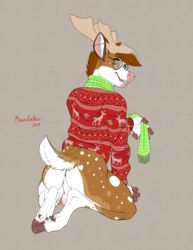 anthro antlers ass backsack balls blush bottomless cervid clothed clothing cloven_hooves dallas_(gingersnaps) ear_piercing eyewear furry glasses green_eyes hi_res hooves horn kneeling looking_at_viewer male male_only mammal piercing richard_foley scarf solo sweater teeth topwear