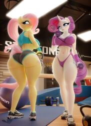 2girls 3d 3d_(artwork) anthro ass big_ass big_breasts bottom_heavy breasts bubble_butt clothing crop_top equine fat_ass female female_only fluttershy_(mlp) friendship_is_magic furry furry_only gym hooves-art horn huge_ass indoors large_ass my_little_pony navel pink_hair pink_tail png purple_hair purple_tail rarity_(mlp) shoes shorts sports_bra tail thick_ass thick_thighs white_body wide_hips workout_clothes yellow_body