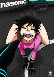 black_hair gorillaz himawari noodle_(gorillaz) noodle_(jaguar) open_mouth pink_shirt shorts teeth