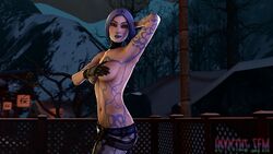 1girls 3d armpits blue_hair borderlands borderlands_2 breasts female gray_eyes invictussfm maya_(borderlands) partially_clothed smile solo source_filmmaker topless