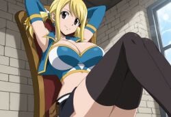 1girl ai_generated anime anime_style armpits arms_behind_head arms_up belt black_skirt black_thighhighs blonde_hair breasts brown_eyes cleavage crop_top day detached_sleeves earrings fairy_tail hentai hi_res indoors jewelry large_breasts long_hair looking_at_viewer lucy_heartfilia midriff miniskirt mystic_maidens patreon sitting skirt smile solo thighhighs twintails window