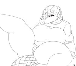 anthro ass big_breasts blush bottomless breasts claws clothed clothing eyelashes female grace_(thepainfultruth) mammal mature_female pangolin presenting pussy scales simple_background slightly_chubby solo sweater thepainfultruth thick_thighs turtleneck wide_hips