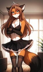 ai_generated arms_crossed crown dress grumpy laura_(twokinds) maid_outfit thigh_gap thigh_highs tiara twokinds
