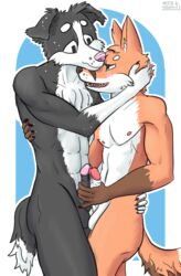 anthro balls black_fur blush border_collie canine collie embrace erection fox frottage fur hug humanoid_penis male mammal mothandpodiatrist nipples nude orange_fur penis red_fox sex simple_background smile white_fur yaoi