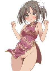 1girl absurdres blush breasts china_dress chinese_clothes clothes_lift commentary_request cowboy_shot dress dress_lift embarrassed floral_print floral_print_dress from_below grey_hair hands_up highres idolmaster idolmaster_cinderella_girls imai_kana looking_at_viewer medium_breasts medium_hair ohana._(user_jhpk8322) open_mouth print_dress pussy red_dress short_twintails side_slit sidelocks simple_background sleeveless sleeveless_dress solo standing thigh_gap thighs twintails white_background wind wind_lift yellow_eyes