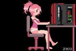 1girl 1girls animated breast_grab breasts computer crystal_(lewd-zko) desktop electronics female female_ejaculation fingering light_skin masturbation mind_control moderate_tomboy nifoc pink_hair pixel_art ponytail shorts solo solo_female tech_control zko