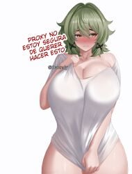 1girls 2026 artist_name bare_legs bare_thighs big_breasts blush breasts caesar_king caesar_king_(zenless_zone_zero) danndy180 embarrassed female female_only green_hair hair hi_res hoyoverse huge_breasts large_breasts light-skinned_female light_skin looking_away male_pov mihoyo partially_clothed shirt shirt_only short_hair simple_background solo spanish spanish_dialogue spanish_text text thick_thighs thighs video_game_character white_background wise_(zenless_zone_zero) yellow_eyes zenless_zone_zero