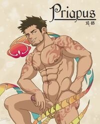 abs bara beefy chest cover fanart green_hair male_only muscle penis priapus silverace tattoos