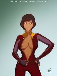 avatar_the_last_airbender clothing dark-skinned_female dark_skin green_eyes japes looking_away medium_breasts opal_bei_fong short_hair smile smirk the_legend_of_korra undressing unzipping