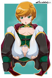 2018 areolae audrey_burne bar_censor blonde_hair blush breasts breasts_out censored chicago-x female green_eyes gundam gundam_unicorn looking_at_viewer medium_breasts military_uniform mineva_lao_zabi nipples open_mouth pussy short_hair solo spread_legs uniform zeon