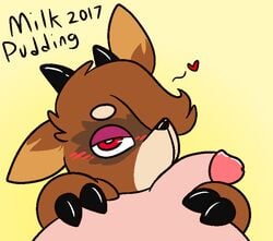 2017 ambiguous_gender anthro bite_(character) blush brown_fur cervine claws duo flaccid flat_colors fur half-closed_eyes heart hooves horn human human_on_anthro humanoid_penis interspecies male male/ambiguous mammal milkpudding oral penis red_eyes signature simple_background solo_focus tan_fur