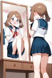 ai_generated anime anime_style bandana blue_eyes brown_hair female haruka_(pokemon) may_(pokemon) mirror mirror_reflection pokemon pokemon_rse school_uniform sexy sexy_body sexy_pose