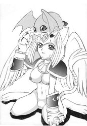 breasts digimon digimon_(species) digimon_adventure digimon_adventure_02 egyptian_mythology female gloves monochrome monster_girl nefertimon nude patamon sphinx tail